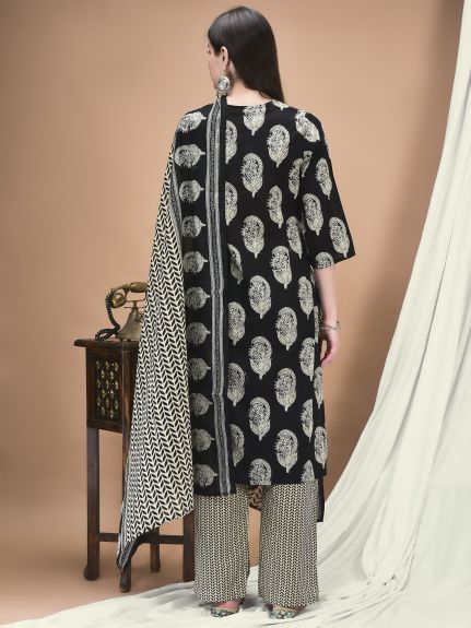 Shree Women Cotton Black Printed Kurta Comfort Pant Dupatta