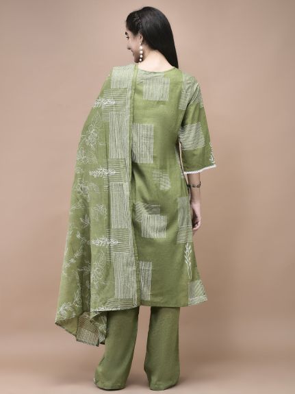 Shree Women Cotton Green Abstract Print Kurta Comfort Pant Dupatta