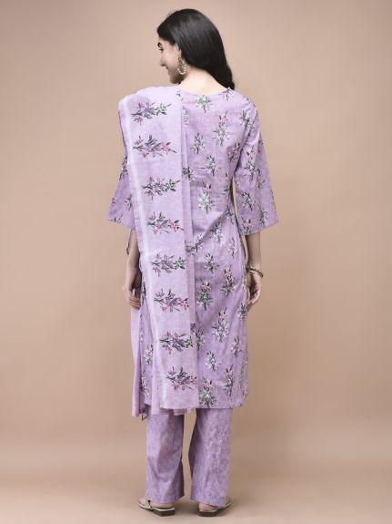 Shree Women Cotton Lilac Floral Print Kurta Comfort Pant Dupatta