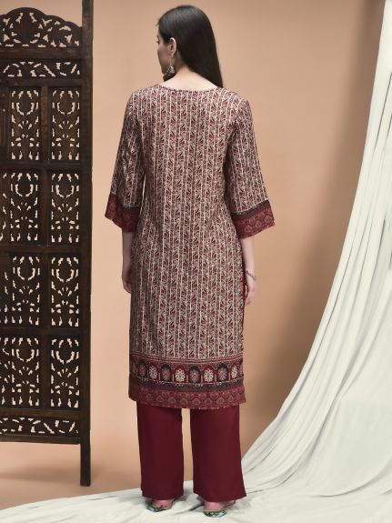 Shree Women Liva Maroon Ornamental Print Kurta With Comfort Pant
