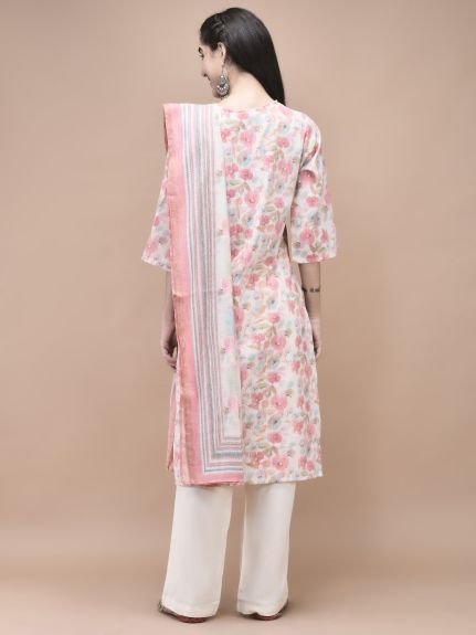 Shree Women Linen Peach Multi color Floral Print Kurta Comfort Pant Dupatta