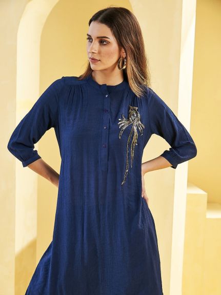 NAVY PEACOCK GATHERED TUNIC