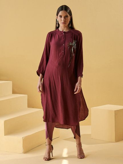 WINE PEACOCK GATHERED TUNIC