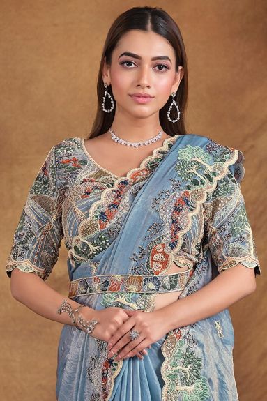 Women's Embroidered Satin Silk Saree with Designer Blouse | Light blue
