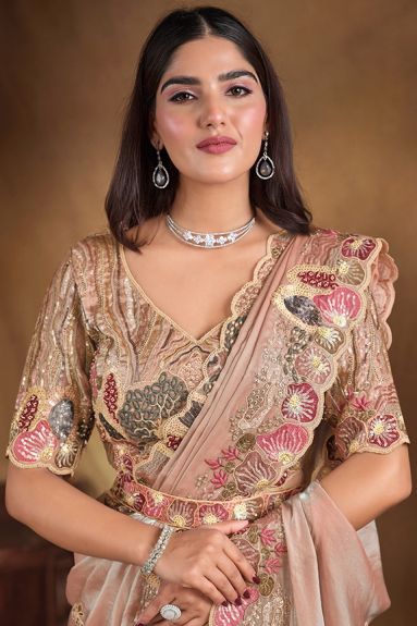 Women's Embroidered Satin Silk Saree with Half Sleeves | Peach