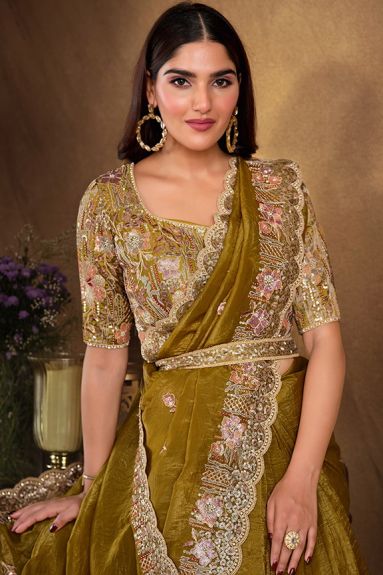 Women's Embroidered Paper Silk Saree with Japan Satin Blouse | Mehndi