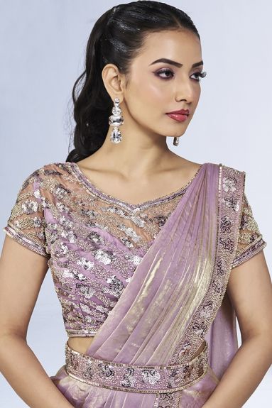 Women's Sequined Tissue and Satin Silk Saree | Pink