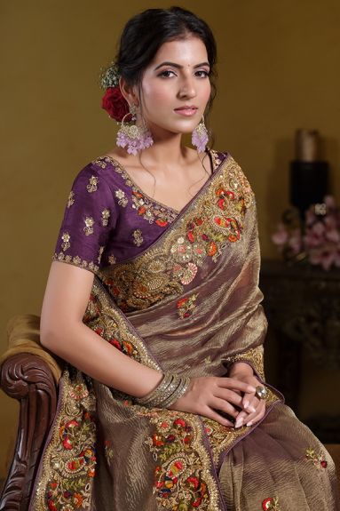 Women's Embroidered Viscose Silk Satin Saree | Wine
