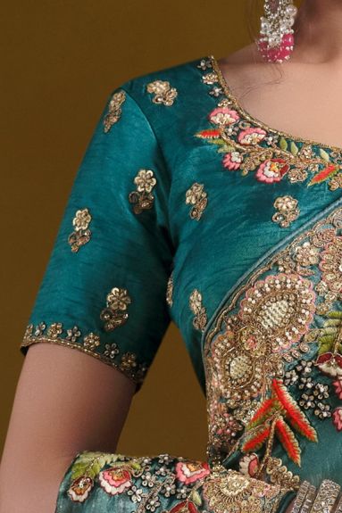 Women's Embroidered Viscose Silk Satin Saree with Short Sleeves | Teal Blue