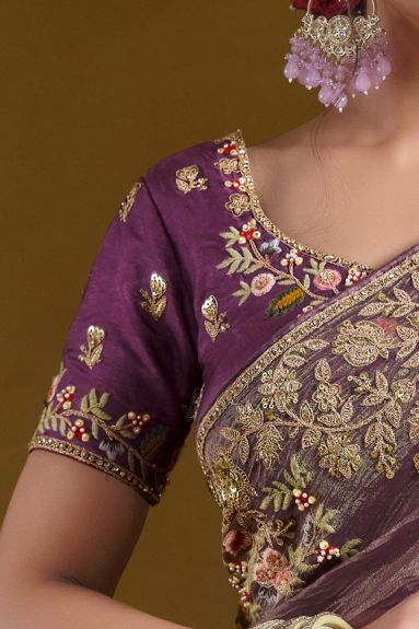 Women's Embroidered Viscose Silk Satin Saree | Purple