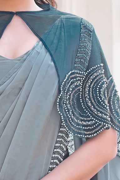 Women's Embellished Cape Sleeve Satin Saree | Dusty Grey