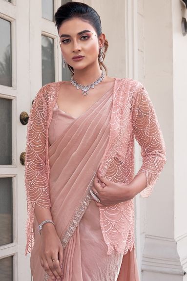 Women's Embroidered Satin Silk Saree with Sheer Jacket | Peach