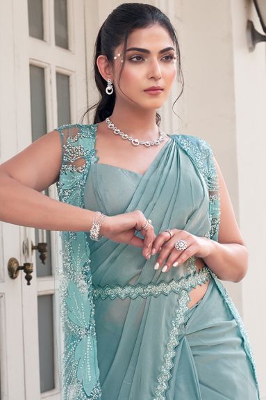 Women's Embellished Satin Silk Saree | Sea Green