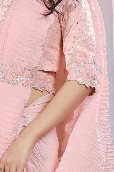 Women's Embellished Satin Silk Saree with Scalloped Hem | Light Peach