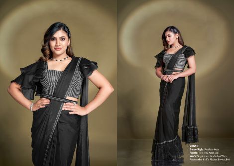 Women's Ruffle Sleeve Blouse with Two Tone Satin Silk Saree | Black
