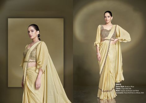 Women's Ready to Wear Saree with Flared Bell Sleeves Blouse and Belt | Yellow