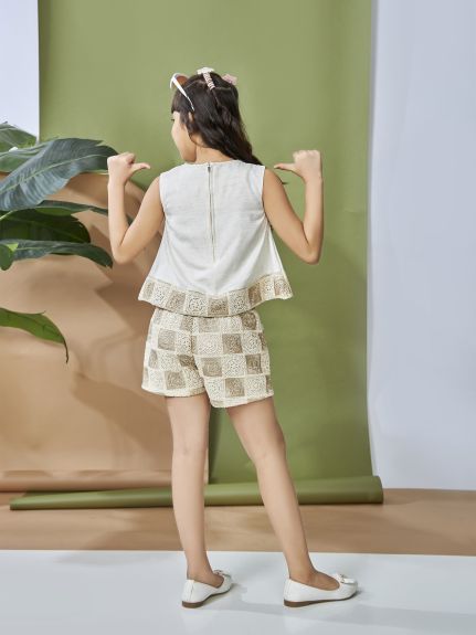 Peppermint Girls Beige Design Net Short with Top 