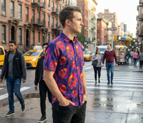 Neon Pink & Orange Skull Waves Woven Button-Up MEN'S SHIRT