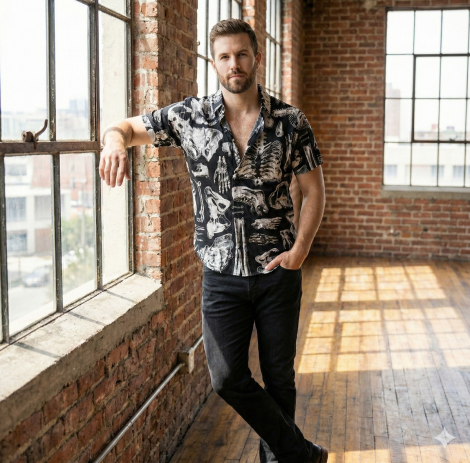 Skeleton Anatomy Allover Print Woven Button-Up MEN'S SHIRT