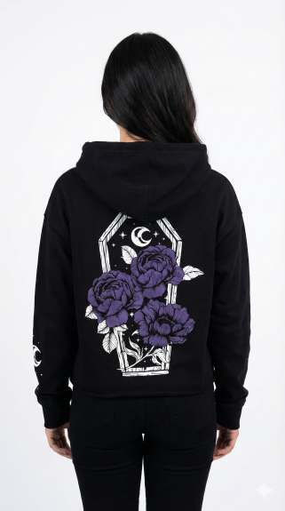 Women's "Celestial Coffin" Floral Back Print Hoodie - Black Boxy Fit