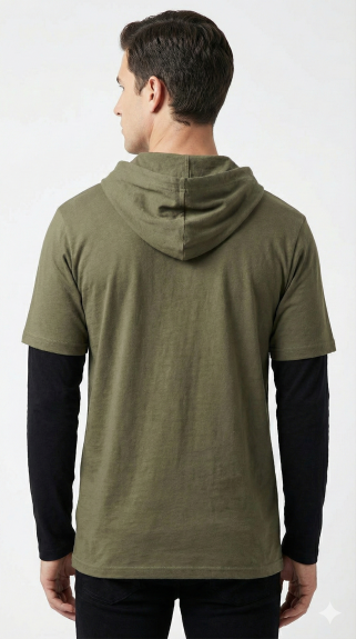 Olive Green & Black Layered-Look Hooded Long Sleeve Tee Men's 