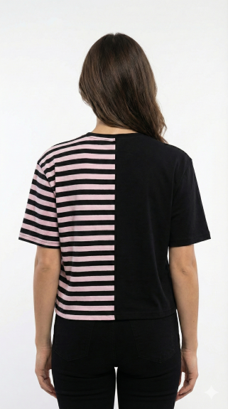 Women's Two-Tone Spliced Crop Tee - Black & Pink Stripe Split Top