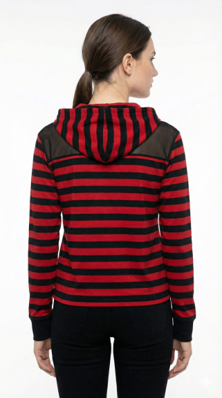 Women's Red & Black Striped Crop Hoodie - Two-Tone Grunge Pullover