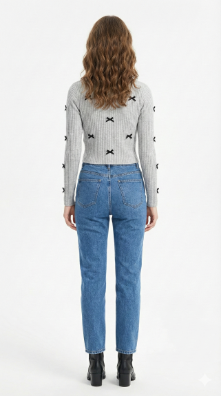 Women's Grey Ribbed Knit Top with Black Ribbon Bow Details