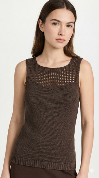 Women's Chocolate Brown Knit Tank Top with Mesh Yoke Detail