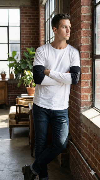 Men's White Long Sleeve Tee with Black Sleeve Panels