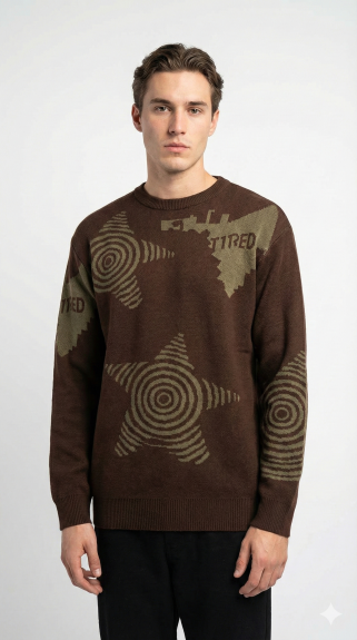 Brown "Hypnotic Star & Tired" Jacquard Knit Sweater