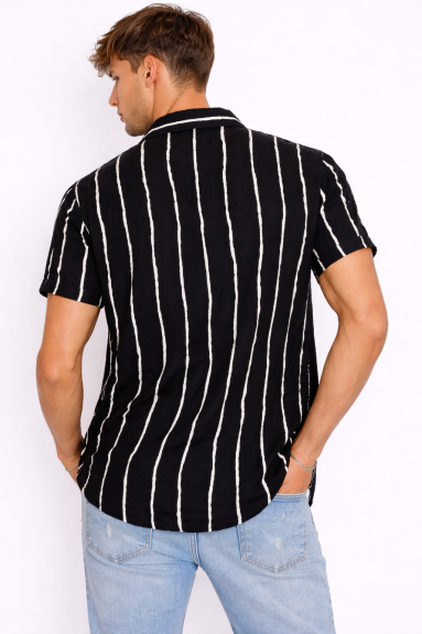 Men Black Vertical Stripe Short Sleeve Shirt