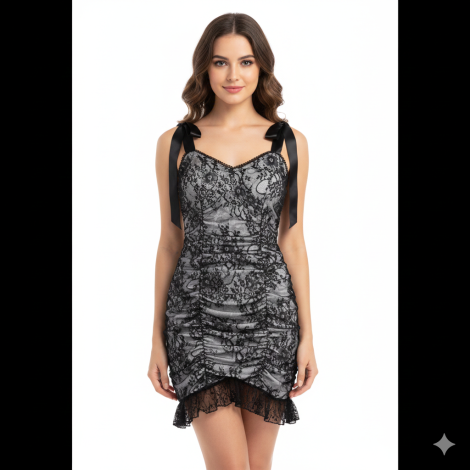 Women's Black Lace Ruched Mini Dress with Ribbon Shoulder Straps