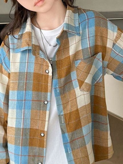 Checked Puff Sleeve Shirt Style Top