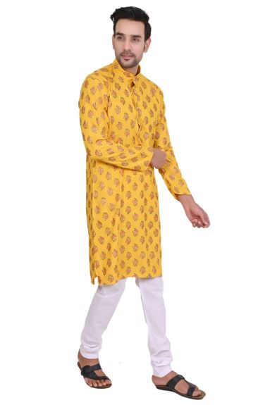 Men's Printed Long Sleeve Kurta with Pyjama - Yellow