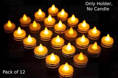 SATYAM KRAFT 12 Pcs Metal Tealight Candle Holders | Round Decorative Diya Stand for Pooja Thali, Rangoli, Home & Office Decor | Ideal for Festivals & Events (Golden)