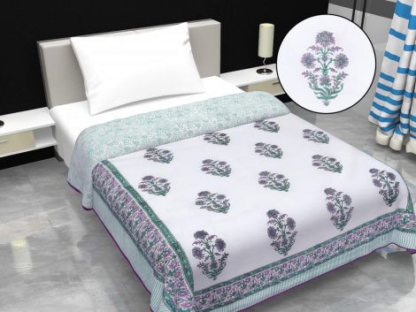 Jaipur Dohar Green Purple Bouquet S 100% Cotton Hand Block Printed Single Bed Mulmul Dohar
