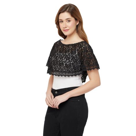 ESPRESSO Women Cropped Flower Lace Cotton Blend Round Neck Shrug