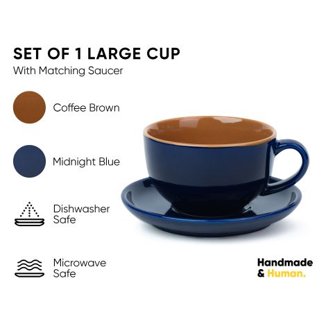 Large Ceramic Coffee Cup Saucer Set, Midnight Blue, 320ml | XL Cuppa Collection