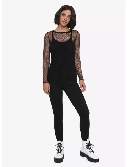 Black Fishnet Mesh LONG SLEEVE TOP - Black