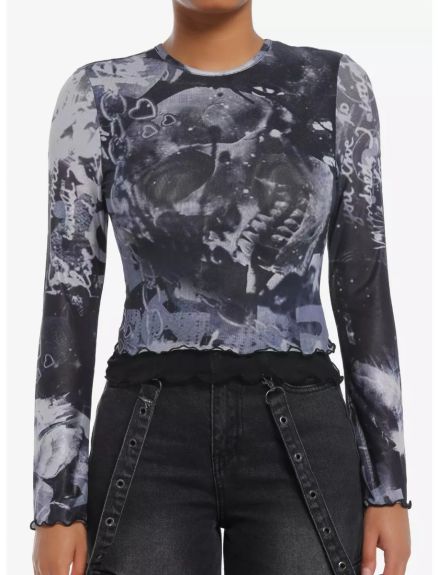 Skull & Chains Double Mesh Girls Long-Sleeve Top Lettus Trim