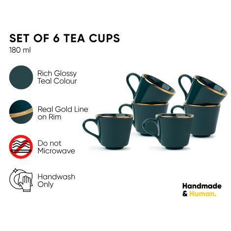 Ceramic Tea Cup Set, Set of 6, Teal Green with Real Gold Line | Goldline Collection