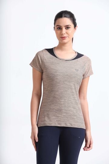 Activewear Warm Taupe Women Top - Overlap neck finish