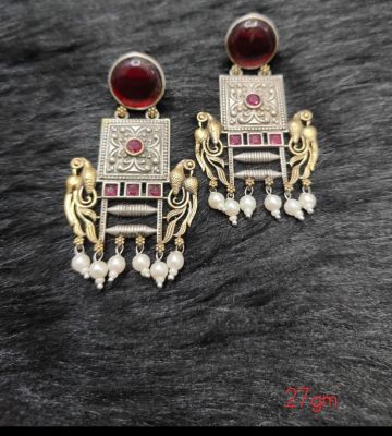 Brass Silver Oxidised Doul Red ToneEarrings