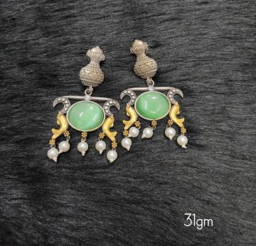 Brass Silver Oxidised Doul Tone Green Earrings