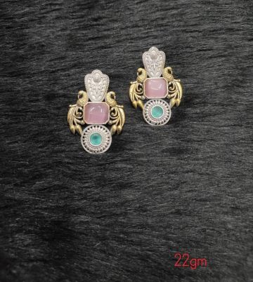 Brass Silver Oxidised Doul Tone Pink Earrings