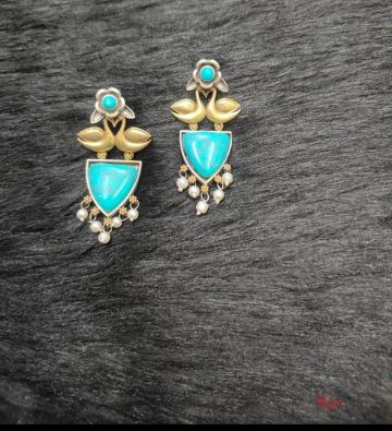 Brass Silver Oxidised Doul Tone Turq Swan Earrings