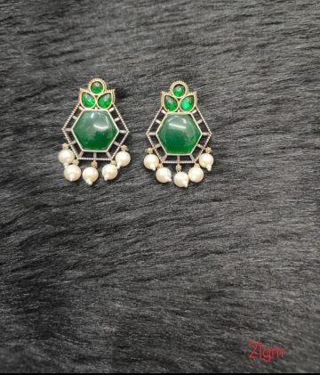 Brass Silver Oxidised  Green stud  Earrings