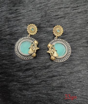 Brass Silver Oxidised Aqua Radha krishna Earrings