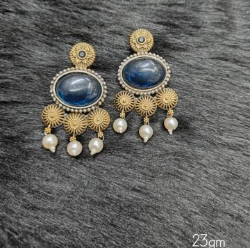 Brass Silver Oxidised Blue Floral Earrings